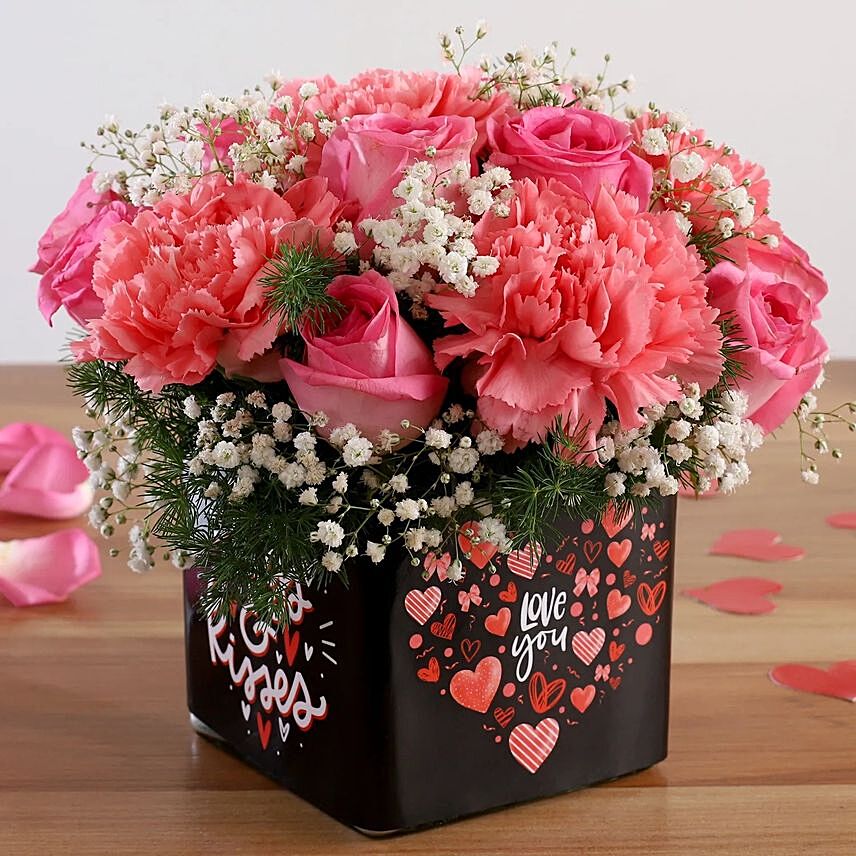 Pink Roses And Carnations In Love You Sticker Vase: Anniversary Gift Ideas