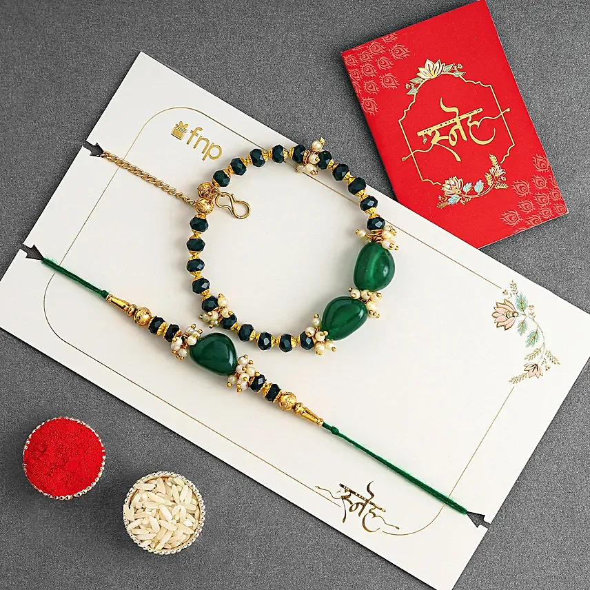 Enchanted Stone Work Lumba Pearl Rakhi Set for Bhaiya Bhabhi: 