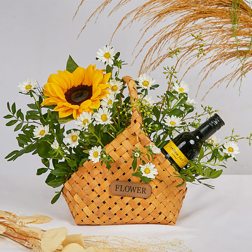 Mini Basket of Best Wishes: Flowers & Wine