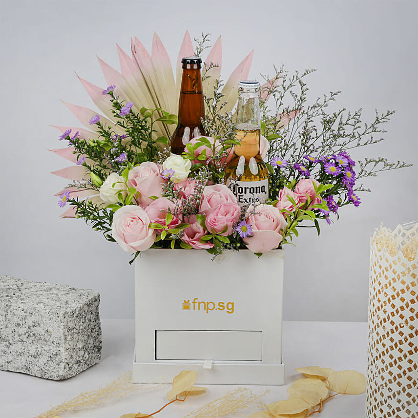 Beer and Flowers Delight Gift Box: Flowers & Wine