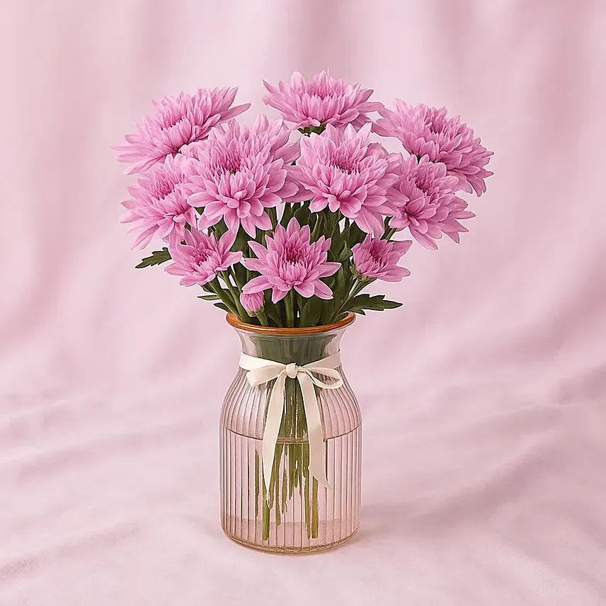 Mothers Day Chrysanthemum Flowers Vase: Purple Colour Flowers