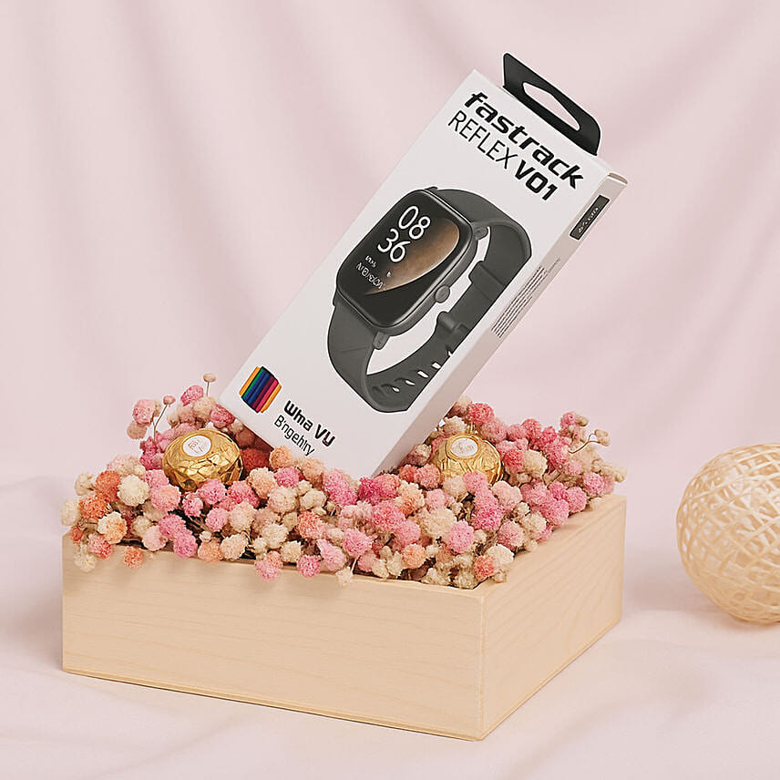 Smart Watch with Rocher and baby's Breath Arrangement: Titan Watches Singapore
