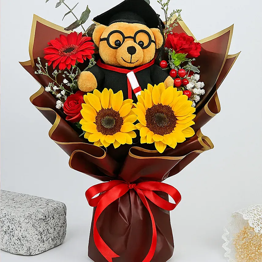 Mixed Flowers Bouquet With Graduation Teddy: Sunflower Arrangements