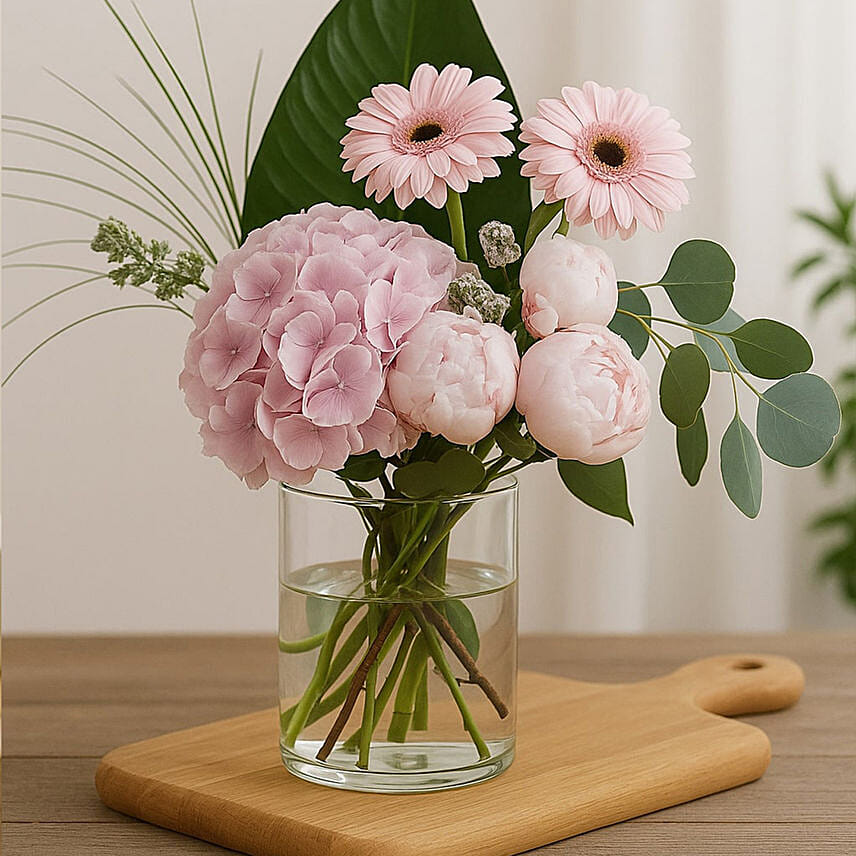 Serene Mixed Flowers Cylindrical Vase: Peonies
