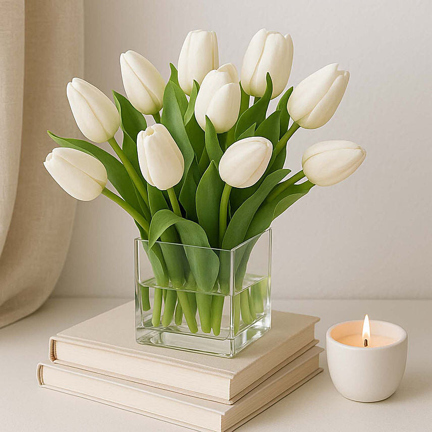 Peaceful White Tulips Square Glass Vase: Funeral Flowers
