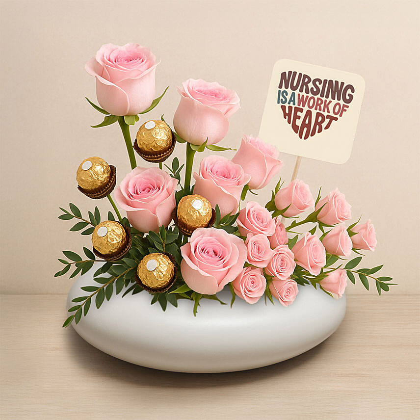 Roses and Rochers in a Vase: Pink Flower Bouquet