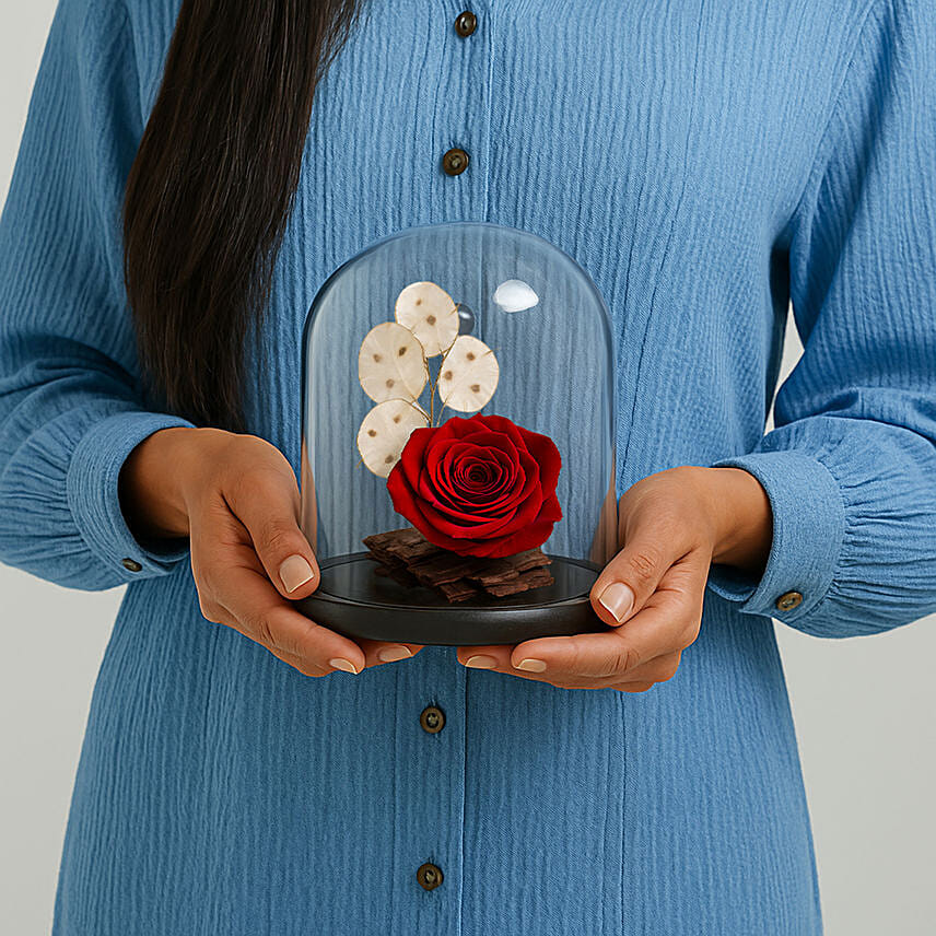 Red Forever Rose In Glass Dome: Dried Flower Bouquets Singapore
