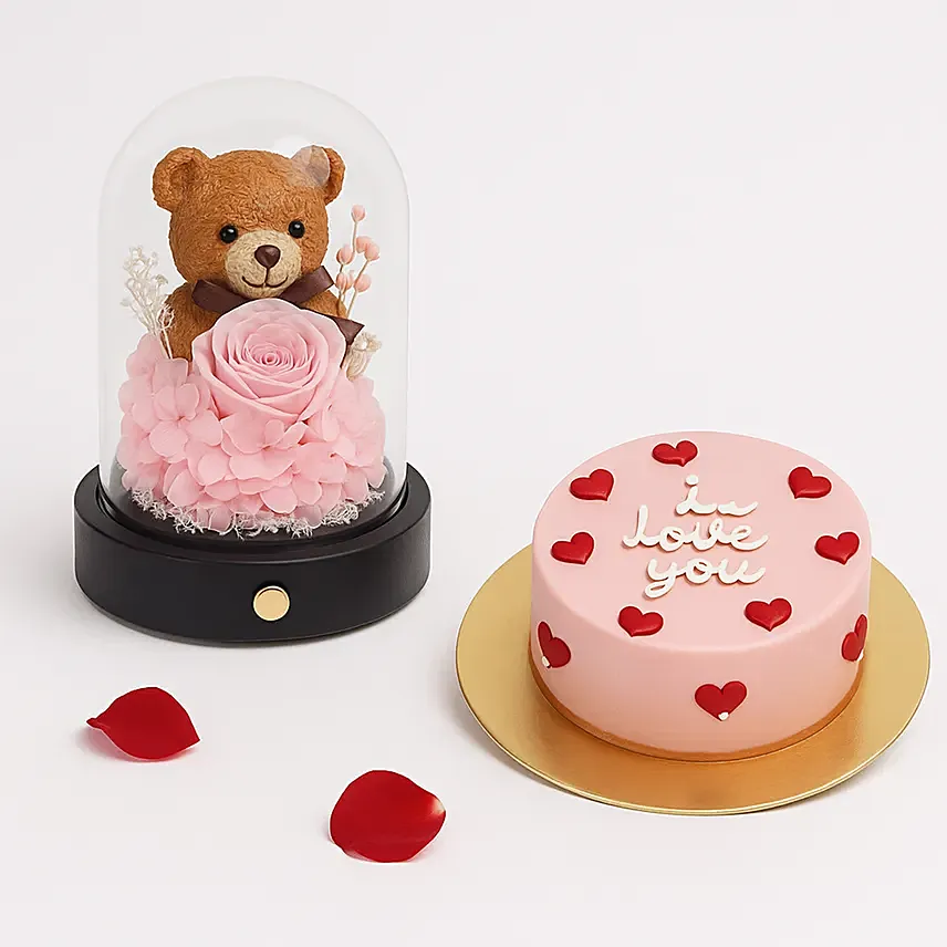 Forever Rose & teddy Dome with Cake: Valentine's Day Cakes