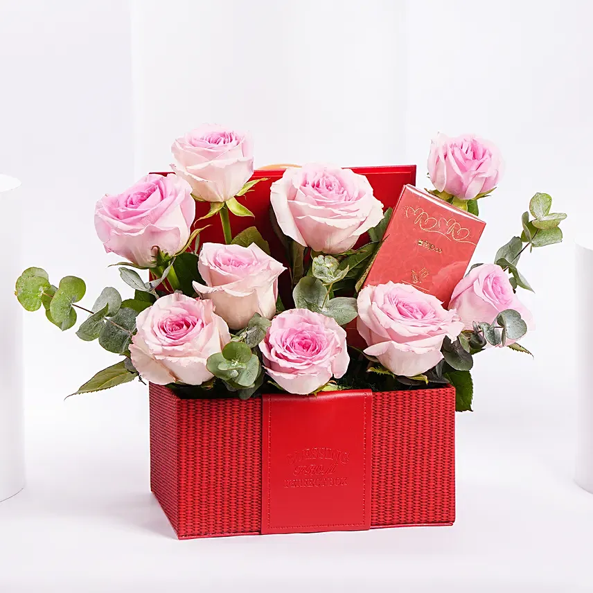 Pink Roses and Chocolates Box: Valentine's Day Roses