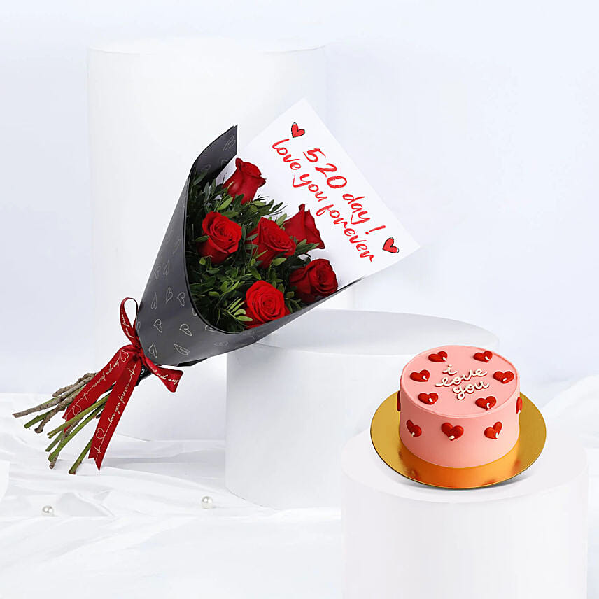 520 Day Red Roses Bouquet and Cake Bundle: 520 Gifts