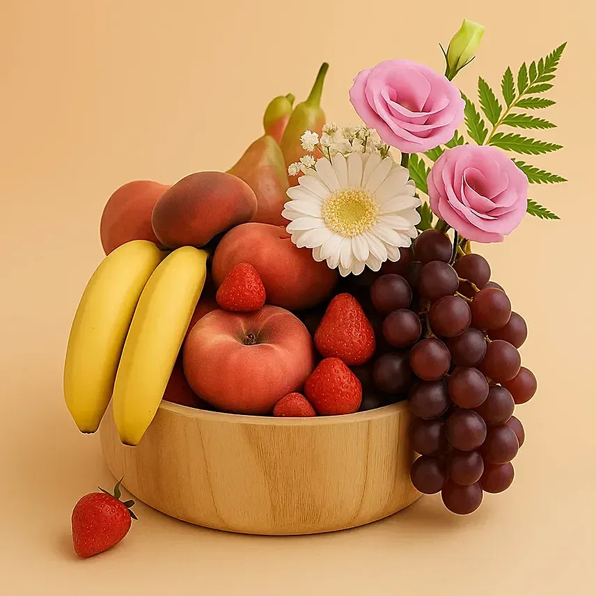 Mixed Flowers & Assorted Fruits Round Basket: Fruit Baskets