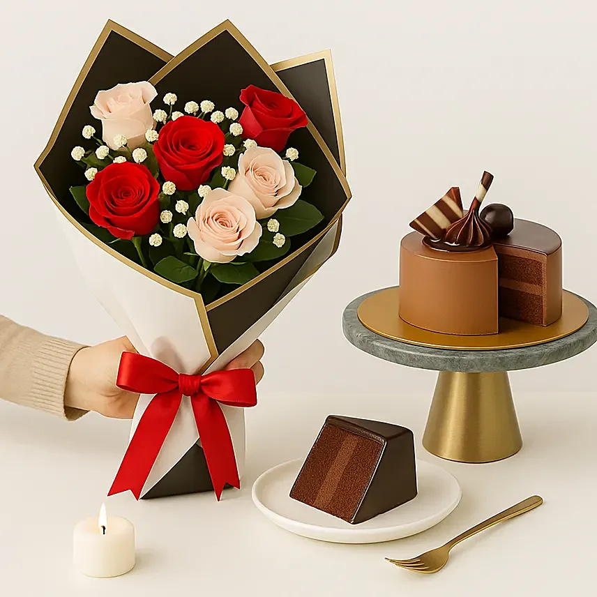 6 Stolen Roses and Cake Bundle: Flower Arrangements With Cake