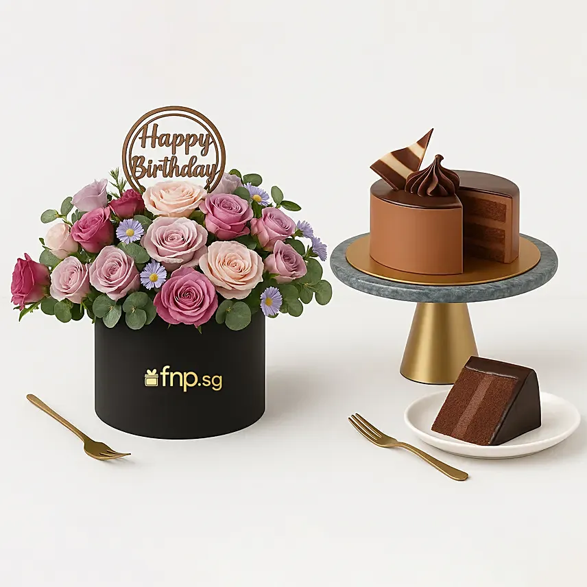 Birthday Flowers Box and Chocolate Cake Bundle: Flowers & Cakes