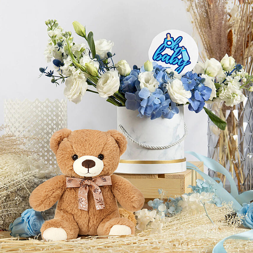 Baby Boy Celebration Flowers Box with Teddy: Blue Colour Flowers