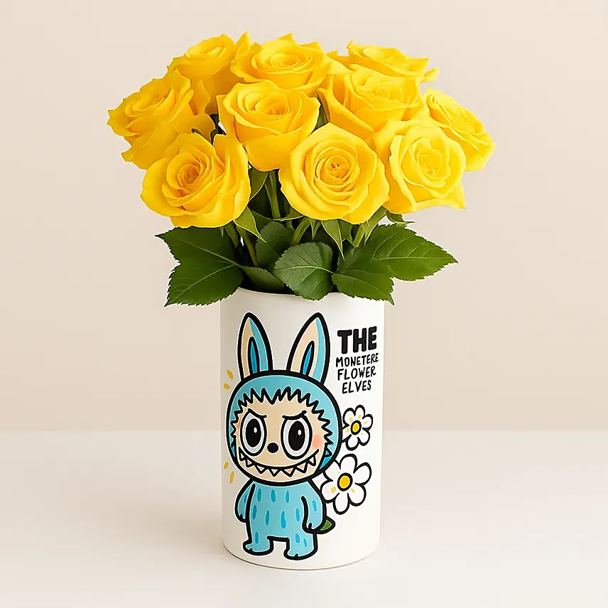 Labubu Theme Yellow Roses Vase: Fresh Flowers 