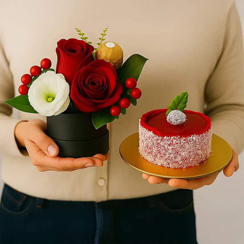 Roses And Rocher In The Box With Mini Mousse Cake: Cake Delivery Singapore