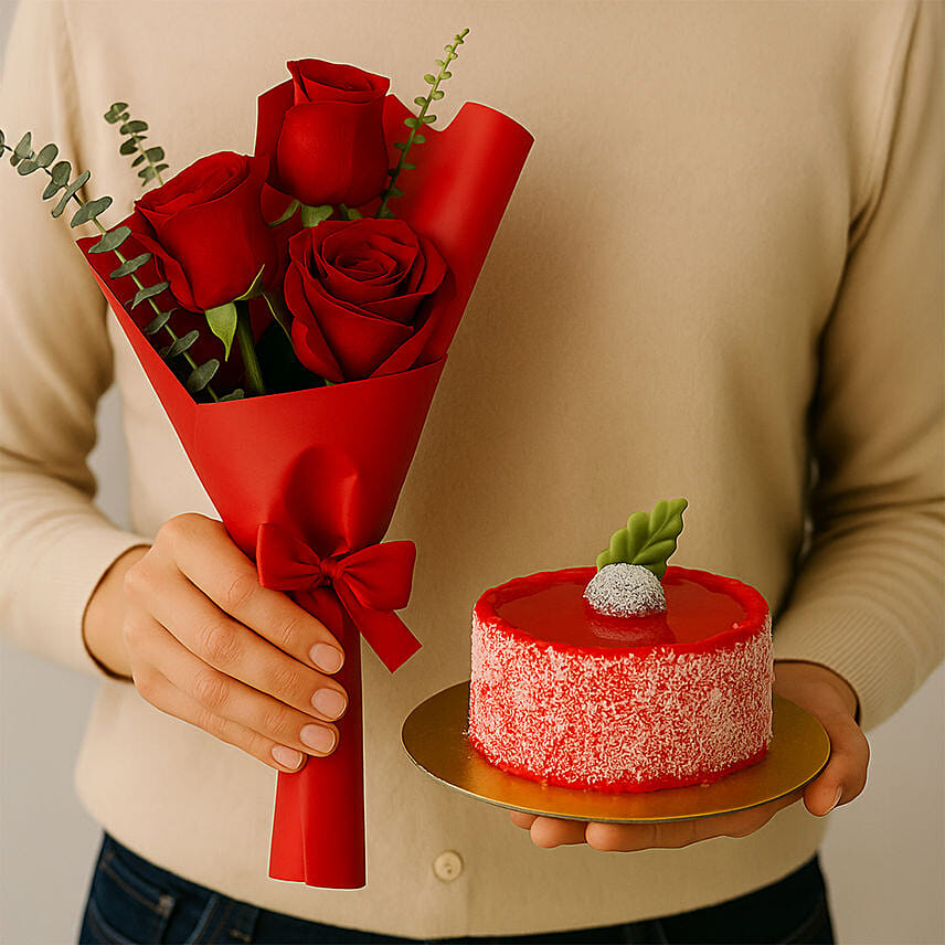 Beautiful Red Rose Bouquet With Mini Mousse Cake: Cheesecake Singapore