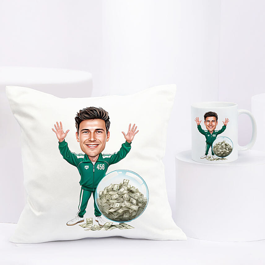Personalised Caricature Green Tracksuit No. 456 Mug & Cushion: Personalised Combos