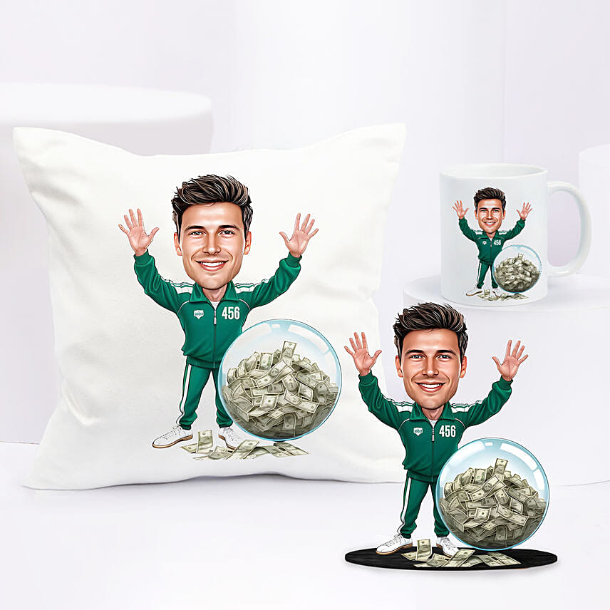 Personalised Caricature Style Green Tracksuit No. 456 Gift Set: Personalised Combo Gifts