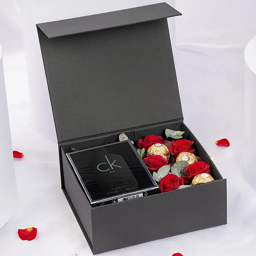 Box of Love Roses and Perfume Gift Set for Him: For Valentine's Day