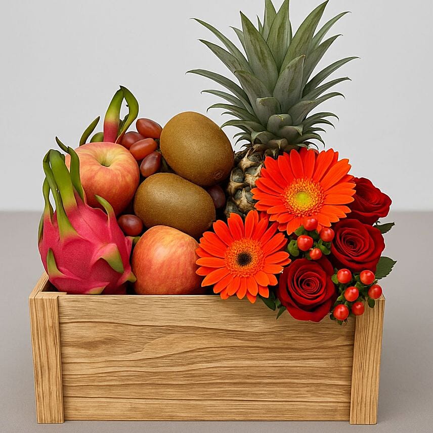 Mixed Flowers & Assorted Fruits Brown Basket: For Birthday