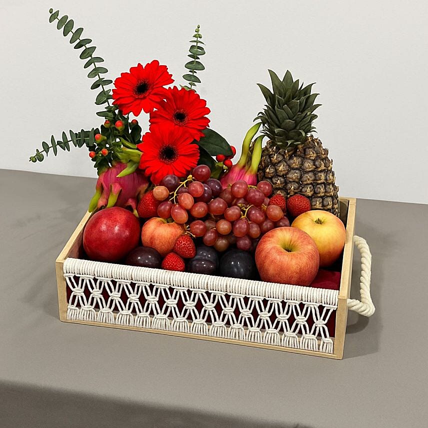 Mixed Red Flowers & Assorted Fruits Oval Basket: Wellness Hampers