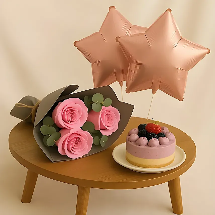 Roses Mini Cake and Star Balloons Bundle Gift: Combo Gifts