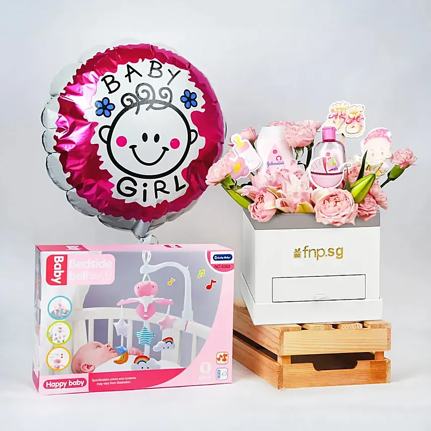 Its a Baby Girl Flowers giftset with Balloon: Newborn Baby Gifts