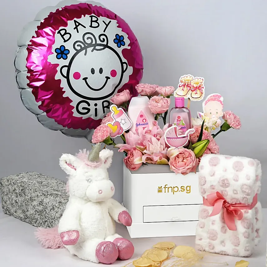 Its a Baby Girl Flowers giftset and Balloon: Flowers & Teddy Bear