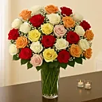 Bunch of 50 Assorted Roses In Glass Vase