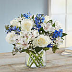 Blue and White Floral Bunch In Glass Vase