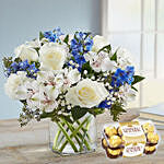 Blue and White Floral Bunch with 16 ferrero rocher