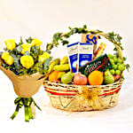 Fruits Basket Hamper With Roses Bouquet