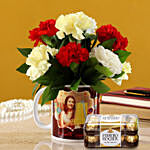 Mixed Carnations In White Mug with Ferrero Rocher