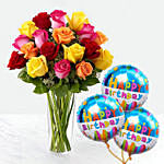 vivid roses bunch with birthday balloon