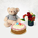 Box of Roses With Teddy and Cake