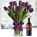 10 Sweet Tulips In Glass Vase With Tesco Red Wine