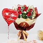 Designer Red Roses Bouquet With I Love You Balloon