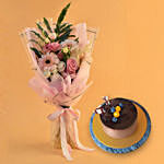 Dignified Mixed Flowers Bouquet with Chocolate Cake