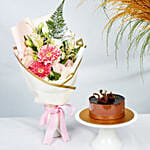 Dignified Mixed Flowers Bouquet with Chocolate Cake