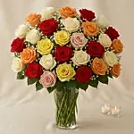 Bunch of 50 Assorted Roses In Glass Vase