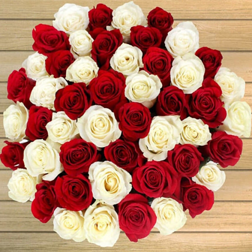 50 Red Orange & White Roses: Send Gifts to USA
