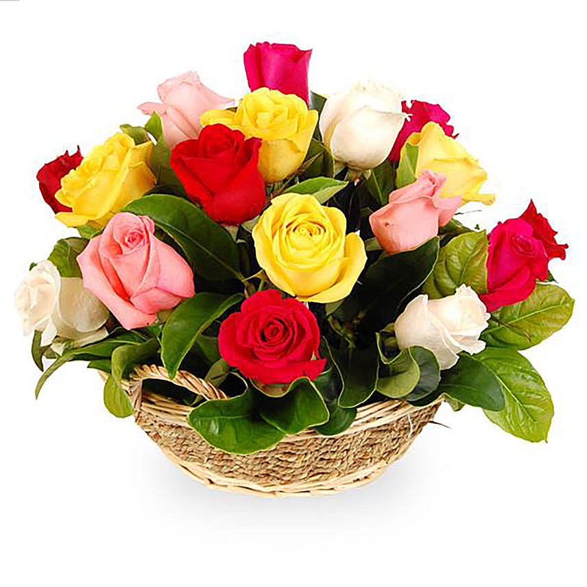 Mixed Stunning Roses In A Basket