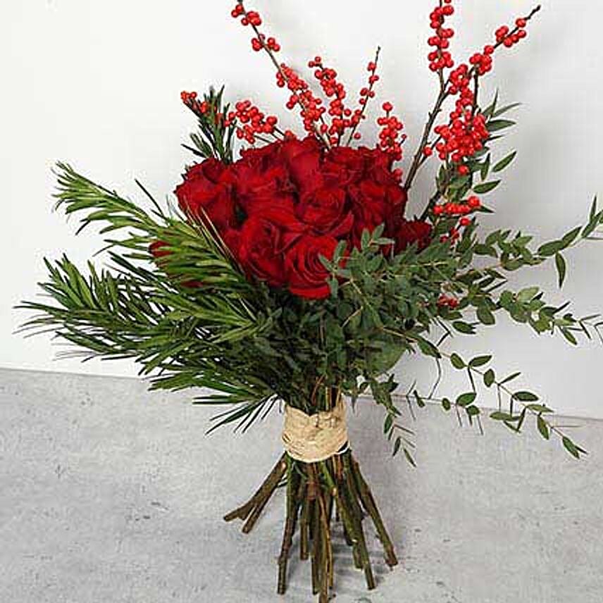 Red Roses and Ilex Berries Bouquet EG