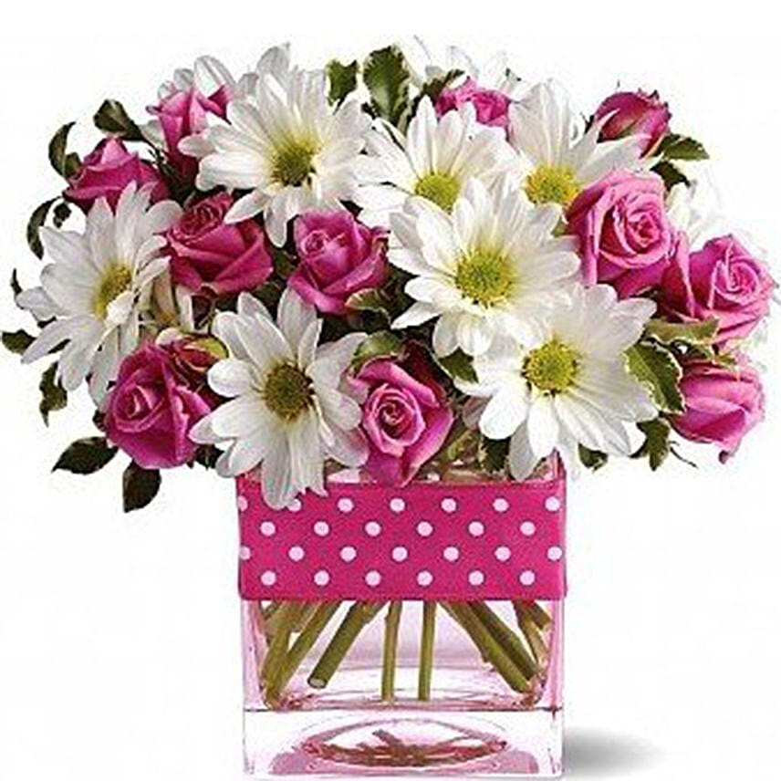 Vase Arrangement of Roses Daisies Or Gerberas