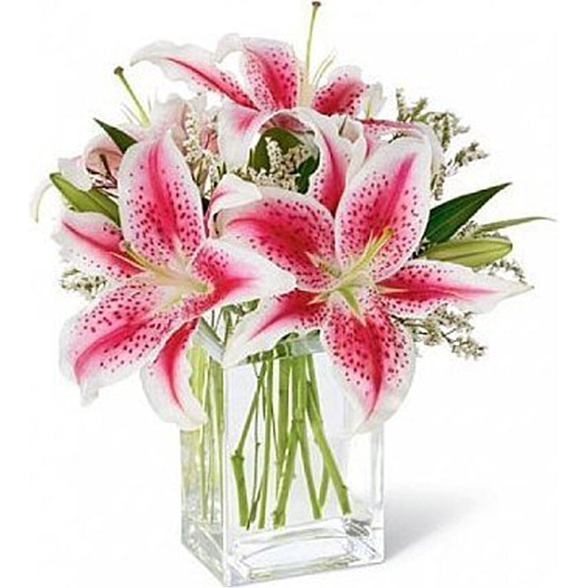 Bright Lilies Bunch In Glass Vase