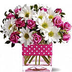 Vase Arrangement of Roses Daisies Or Gerberas