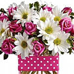 Vase Arrangement of Roses Daisies Or Gerberas