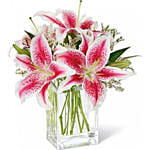 Bright Lilies Bunch In Glass Vase