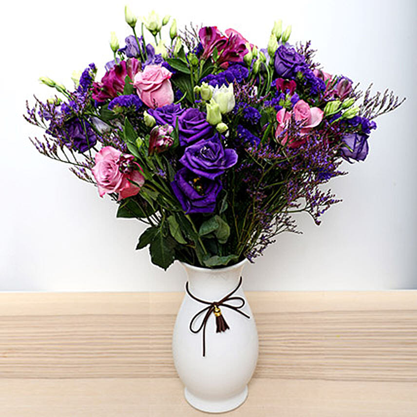 Roses N Alstromeria In White Ceramic Vase